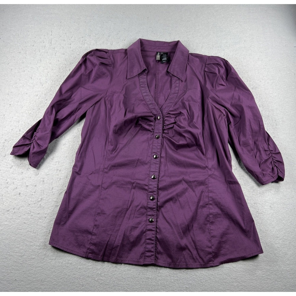 Bisou Bisou Michele Bohbot Floral Plum 3/4 Sleeve Ruched Front Button Up Top XL